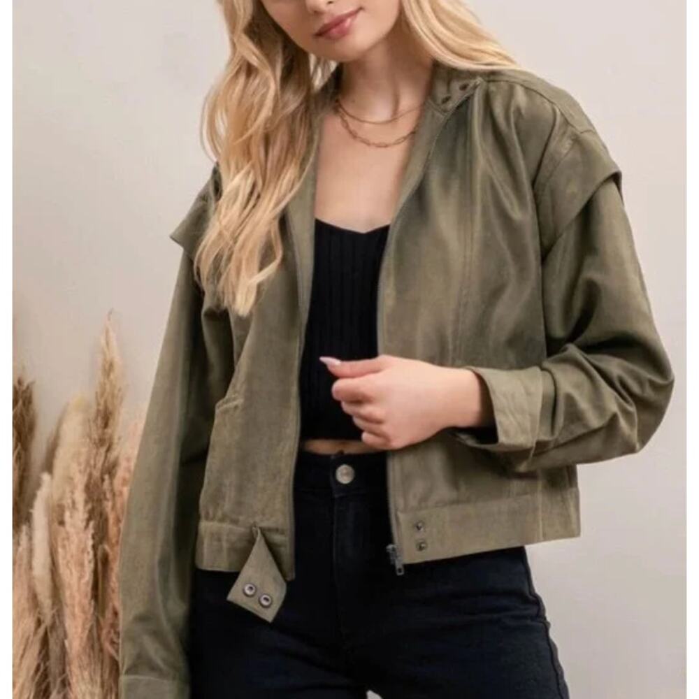 Blu Pepper Lightweight Olive Green Cropped Soft Utility Jacket NEW Large